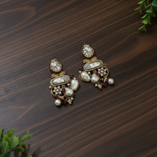 Aurielle Mehroon Pearl Gold Turkish Earrings